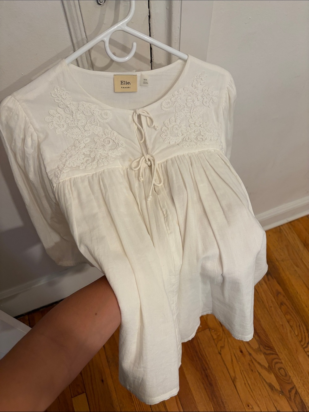 Tahari Cream Embroidered Tie-Neck Blouse